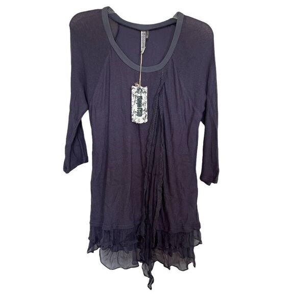 Monoreno Tops - Monoreno Purple/Gray Slouchy Lagenlook Lace Ruffle Tunic Blouse